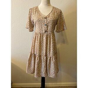 EUC Women's Shein Peasant Dress Khaki‎ Tan White Size Medium